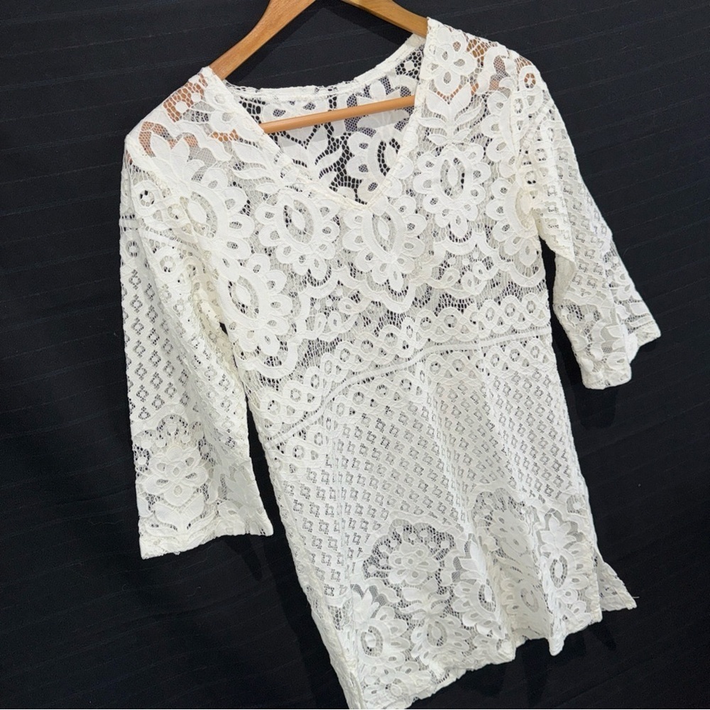 Open Crochet Lace Ivory Dress Beach Coverup V Neck Boho Hippie Festival - Picture 3 of 10